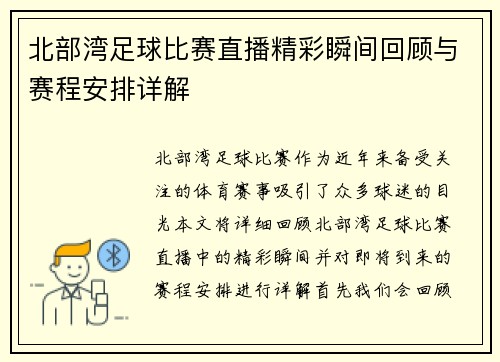 北部湾足球比赛直播精彩瞬间回顾与赛程安排详解